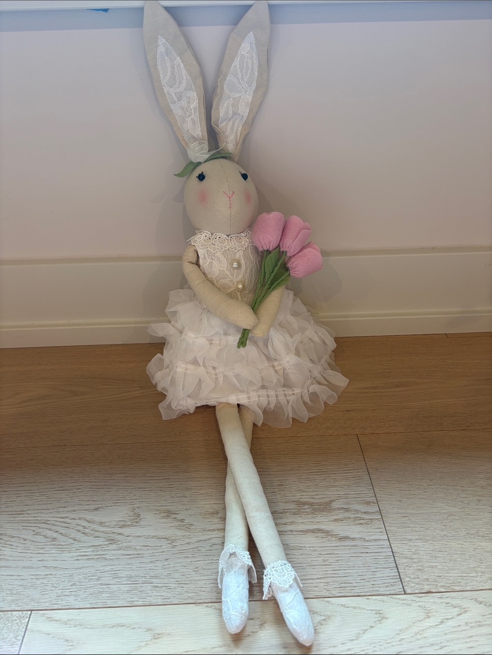 Bella Luxx White Fabric Bunny Doll with Pink Tulips
